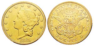 USA 20 Dollars, San Francisco, 1869 S, AU ... 