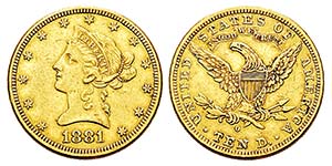 USA 10 Dollars, New Orleans, 1881 O, AU ... 