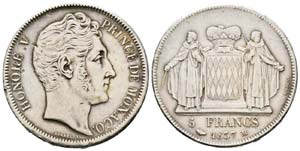Monaco, Honoré V 1819-1841 5 Francs, 1837 M ... 