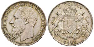 Congo belge, Leopoldo II 1865-1909 5 Francs, ... 