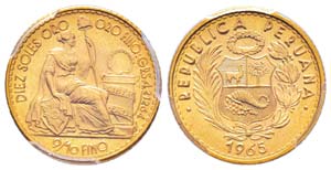 Peru, 10 Soles, 1965, AU 4.6 g. 900‰ Ref : ... 