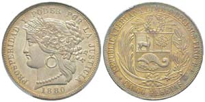 Peru, 5 Pesetas, 1880 BF, AG 25 g. 900‰ ... 