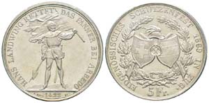 Switzerland, 5 Francs, Zug, 1869, fête de ... 
