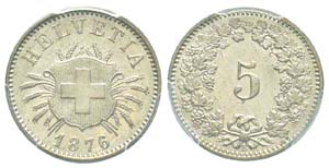 Switzerland, 5 Rappen, 1876 B,  Berne, AG ... 