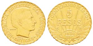 Uruguay 5 Pesos, 1930, Essai, AU 8.53 g. Ref ... 