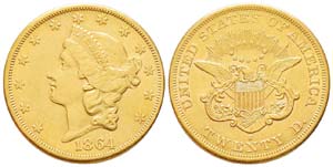 USA, 20 Dollars, San Francisco, 1864 S, AU ... 