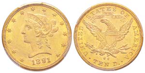 USA, 10 Dollars, Carson City, 1891 CC,  AU ... 