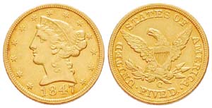 USA, 5 Dollars, Charlotte, 1847 C, AU 8.34 ... 