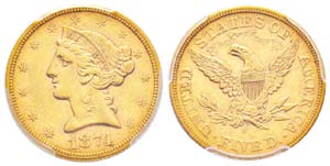 USA, 5 Dollars, San Francisco, 1874 S, AU ... 