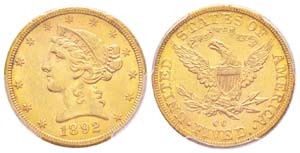 USA, 5 Dollars, Carson City, 1892 CC, AU ... 