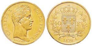 France, Charles X 40 Francs, Paris, 1828 A, ... 