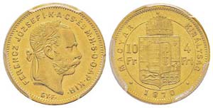 Hungary 4 Florin, 1870 GYF, AU 3.22 gr. Ref: ... 
