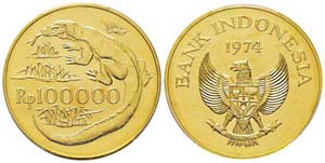 Indonesia 100.000 Rupiah, 1974, AU 33.48 gr. ... 
