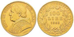 Vatican, Pie IX (1846-1878)  100 lire, 1866 ... 
