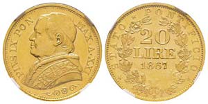 Vatican, Pie IX (1846-1878)  20 lire, 1867, ... 