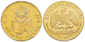 Mexico 20 Pesos, 1882, AU 33.87 gr. Ref: Fr. ... 