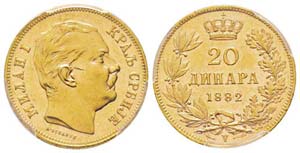 Serbia 20 Dinars, 1882 V , AU 6.45 g. 900‰ ... 