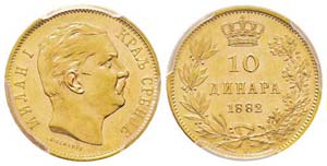 Serbia 10 Dinars, 1882 V , AU 3.22 g. 900‰ ... 