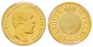 Sweden, Karl XV 10 Francs Carolin, 1868, AU ... 