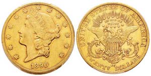 USA 20 Dollars, 1890 CC,  Carson City, AU ... 