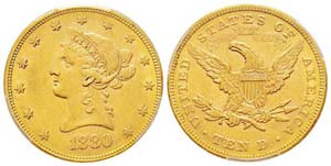 USA 10 Dollars, 1880,  Philadephia, AU 16.72 ... 