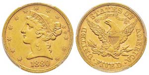 USA 5 Dollars, 1880, Philadelphia, AU 8.36 ... 