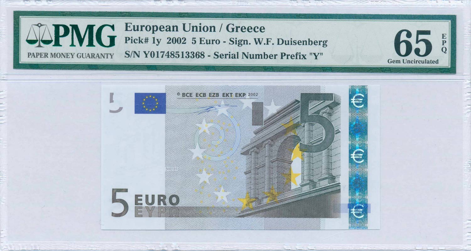 GREECE: 5 Euro (2002) in gray and multicolor.  - A. Karamitsos Aste  Numismatiche