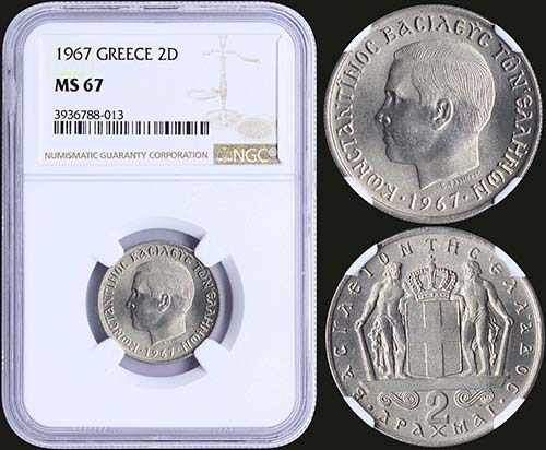 GREECE: 2 Drachmas (1967) (type I) ... 