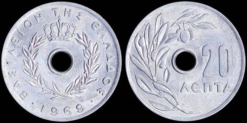 GREECE: 20 Lepta (1969) (type I) ... 