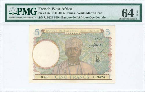 FRENCH WEST AFRICA: 5 Francs ... 