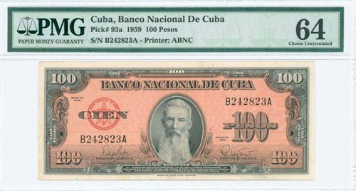 CUBA: 100 Pesos (1959) in black on ... 