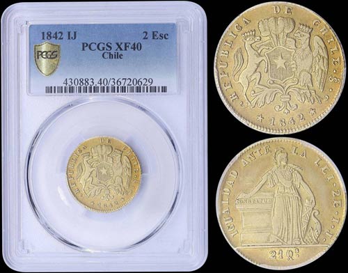 CHILE: 2 Escudos (1842 IJ) in gold ... 