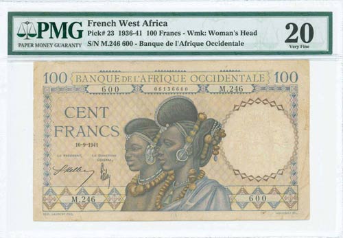 FRENCH WEST AFRICA: 100 Francs ... 