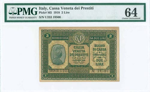 ITALY: 2 Lire (2.1.1918) in green ... 