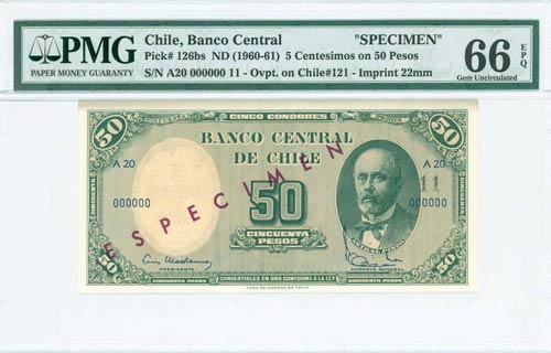 CHILE: Specimen of 5 Centesimos on ... 