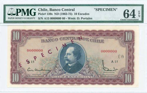 CHILE: Specimen of 10 Escudos (ND ... 