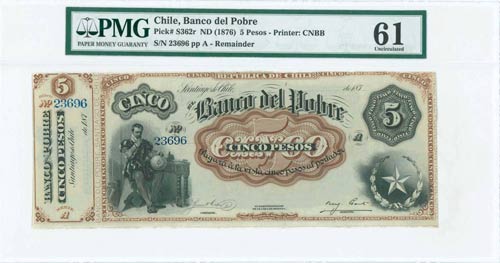 CHILE: 5 Pesos (ND 1876) remainder ... 