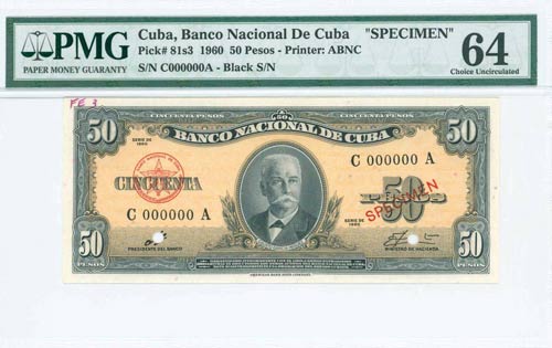 CUBA: Specimen of 50 Pesos (ND ... 