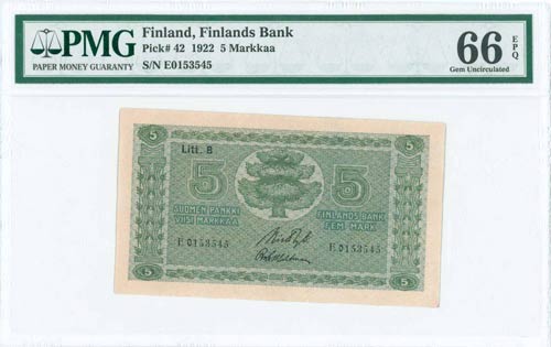 FINLAND: 5 Markkaa (1922) in green ... 