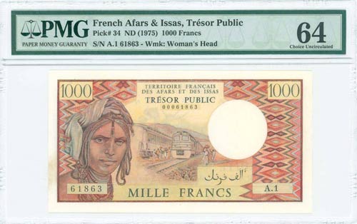 FRENCH AFARS & ISSAS: 1000 Francs ... 