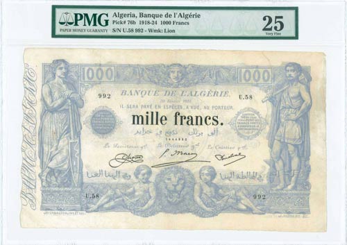 ALGERIA: 1000 Francs (10.1.1924) ... 