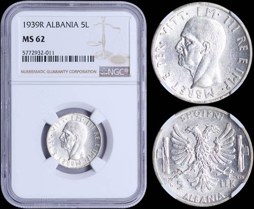 ALBANIA: 5 Lek (1939 R) in silver ... 