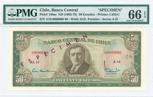 CHILE: Specimen of 50 Escudos (ND ... 