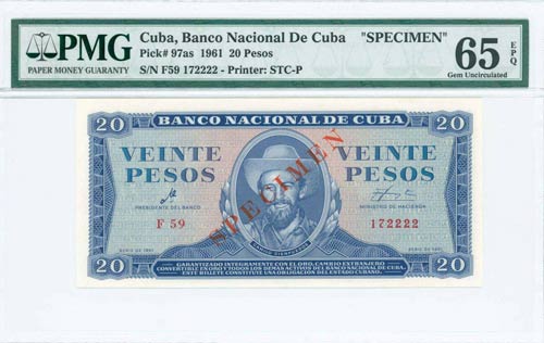 CUBA: Specimen of 20 Pesos (1961) ... 