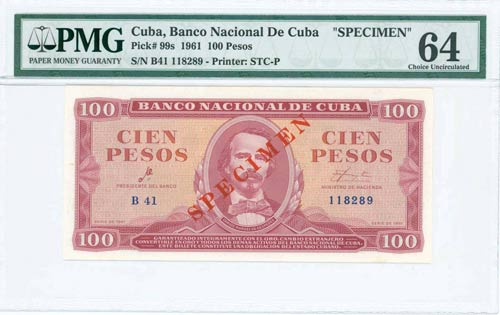 CUBA: Specimen of 100 Pesos (1961) ... 