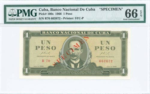 CUBA: Specimen of 1 Peso (1966) in ... 