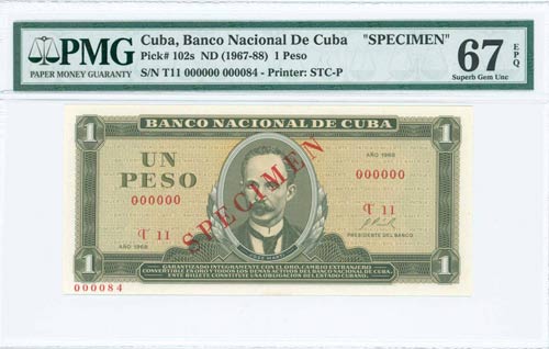 CUBA: Specimen of 1 Pesos (1968) ... 