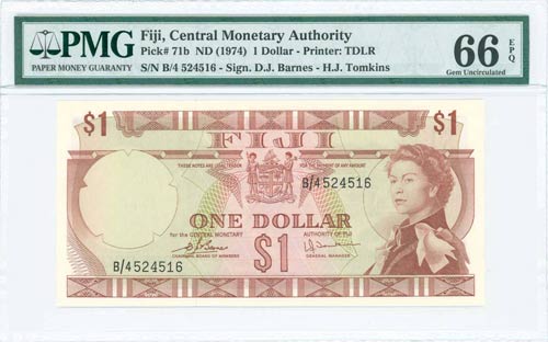 FIJI: 1 Dollar (ND 1974) in brown ... 