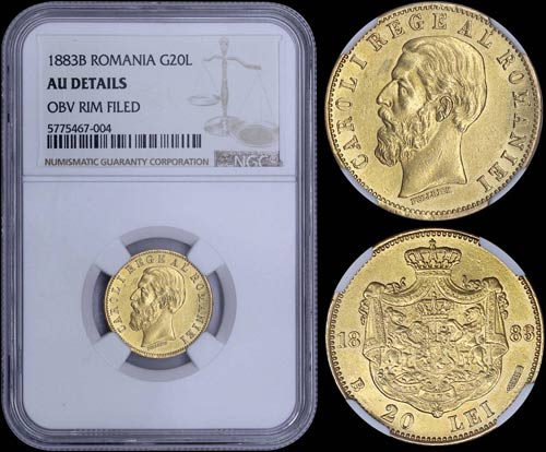 ROMANIA: 20 Lei (1883 B) in gold ... 