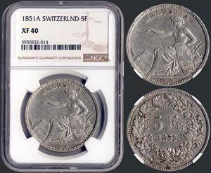 SWITZERLAND: 5 Francs (1851 A) in ... 
